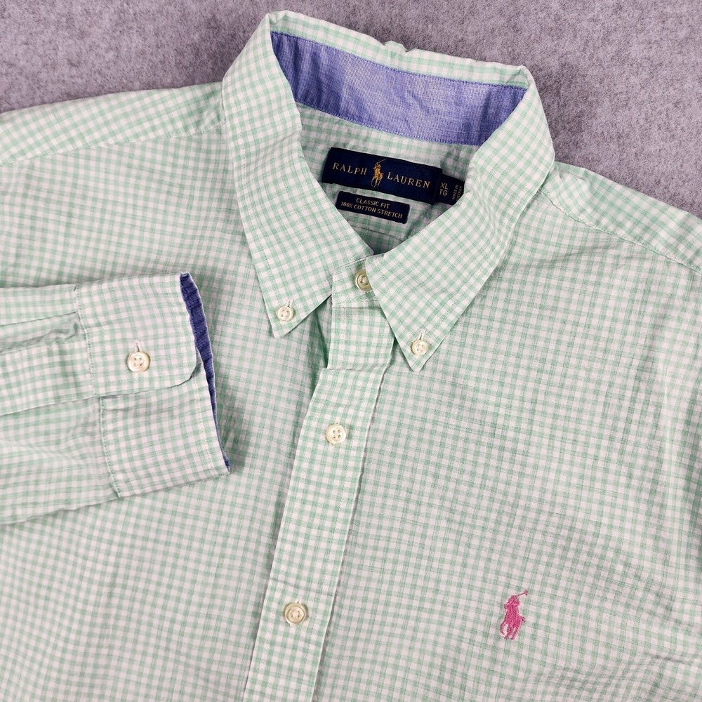 Ralph Lauren Men's XL Green Gingham Check‎ Plaid Long Sleeve Button Down Shirt